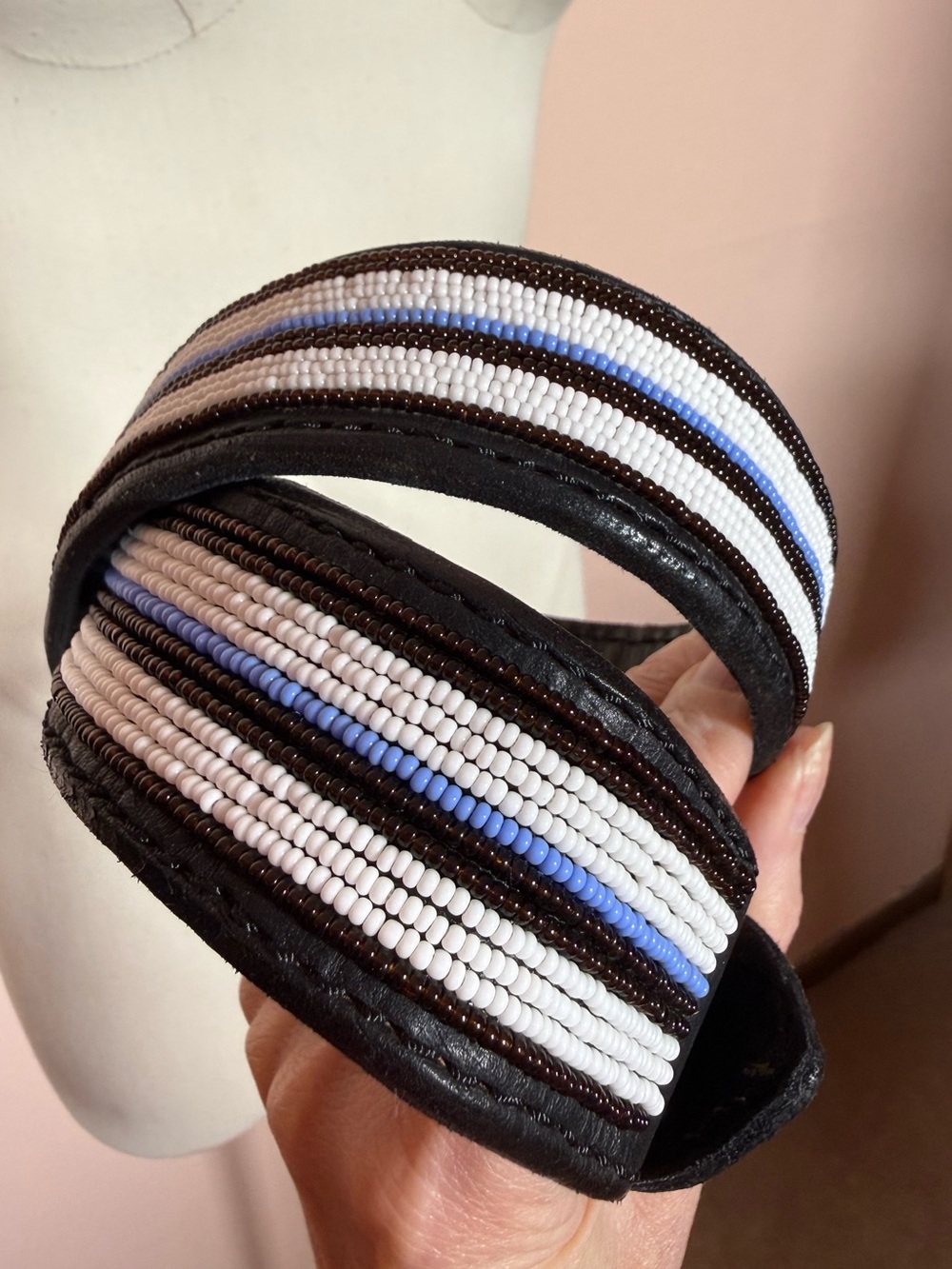 Vintage Black leather Blue glass Seed Bead southwestern festival belt size 29